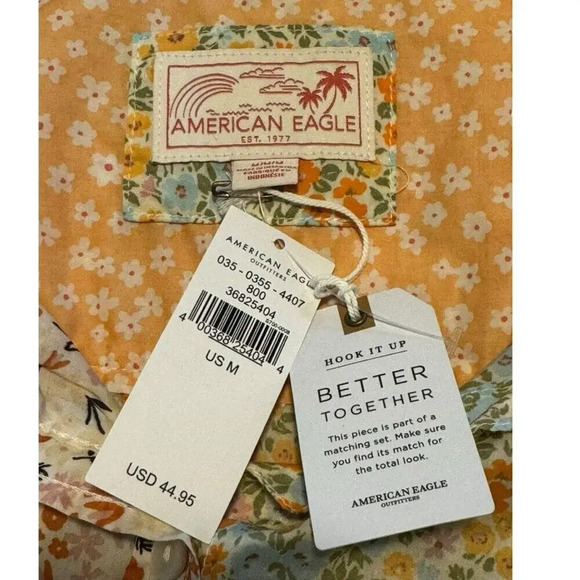 NEW American Eagle Women's Medium Oversized Resort Shirt Orange Ditsy Floral - Picture 4 of 7